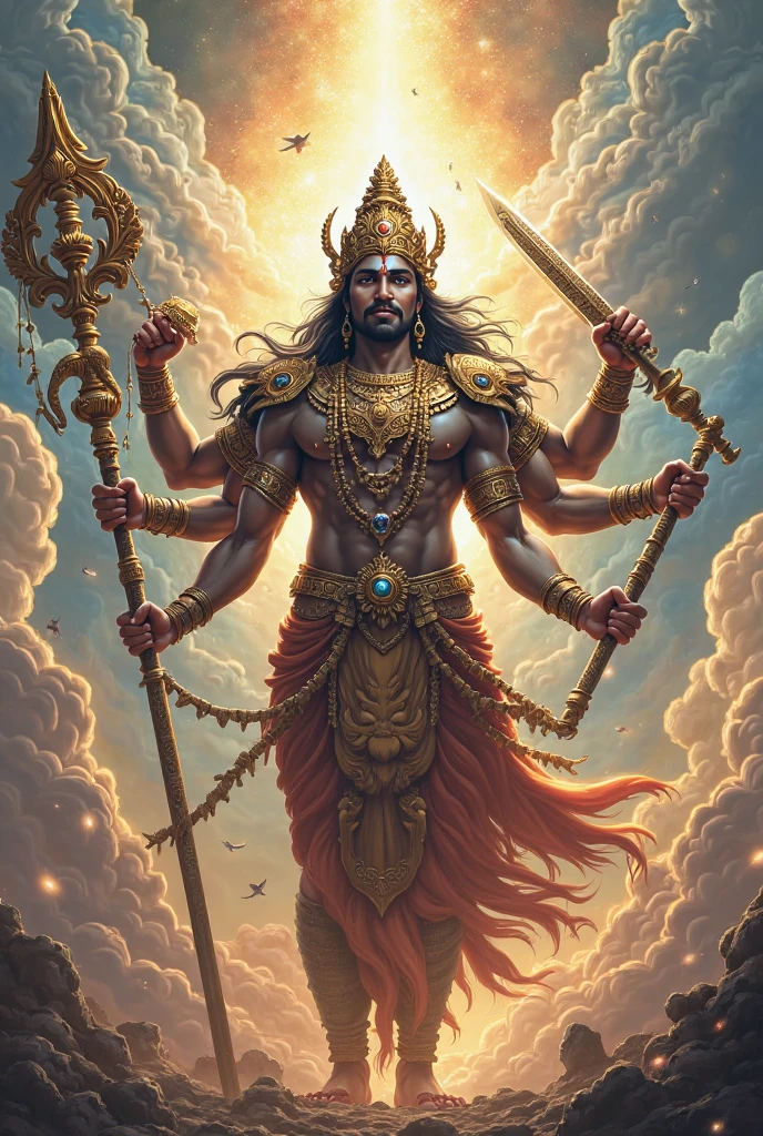 Show the birth of Ravana with a dramatic sky, celestial beings, and a divine aura. Illustrate the prophesied signs and the blessings from the heavens