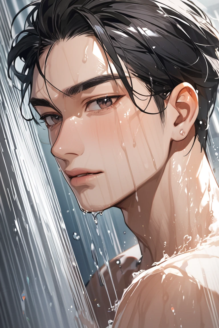 a kids boy, Korean face, short black hair and black eyes, not wearing clothes, doing a shower bath,face handsome