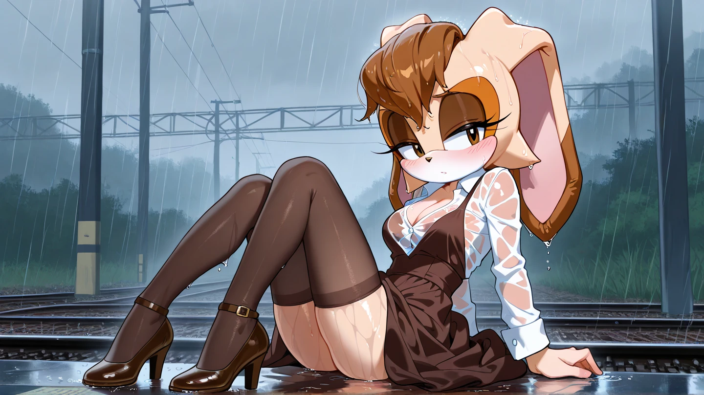 woman、 Fair skin, Light brown hair, Long Bangs, Bunny ears, Large Breasts, Thin legs, Pink Sweater, Lower body is only panties、Black boots, Dark brown eyes, anime, 2D, comics、Overflowing Sex Fluids:1.5