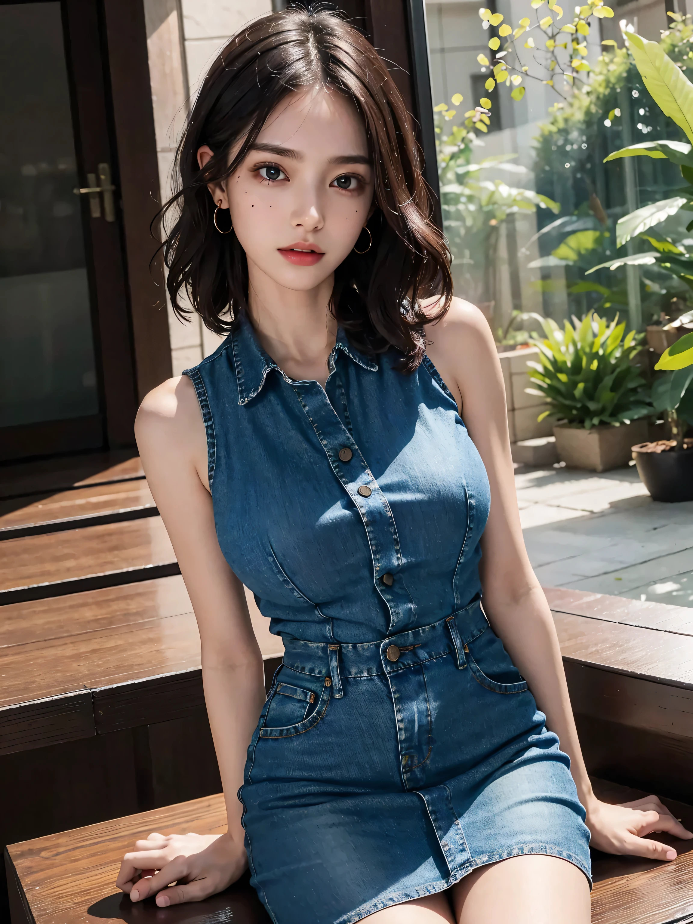 absurdres, RAW photo, extremely delicate and beautiful, masterpiece, Best Quality, ultra high resolution, 32k, hyperrealistic, ultra-detailed, perfect anatomy, anatomically correct, perfect figure, Perfect Style, Perfect balance, super Detailed skin, in her 20s, very Slim body, narrow waist, very small head, very small face, delicate facial features, handsome detailed woman, very detailed eyes and face, realistic face proportions, Realistic beautiful face, Realistic beautiful eyes, tearful mole, earring, huge round tits, full body shot, whole legs, medium hair, asymmetrical hair, indoor, denim collared shirt dress, sleeveless,
