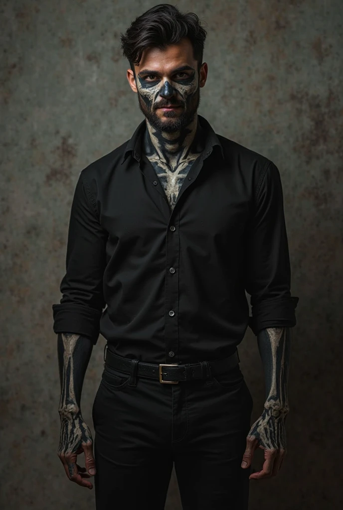 Create a very handsome, beautiful, muscular Korean with tattoos, a perfect body with muscles, too muscular with a terrifying mask on his face, without a shirt or pants, only in boxers, and with his member clearly visible with a mushroom-style haircut like the one all Koreans wear. 