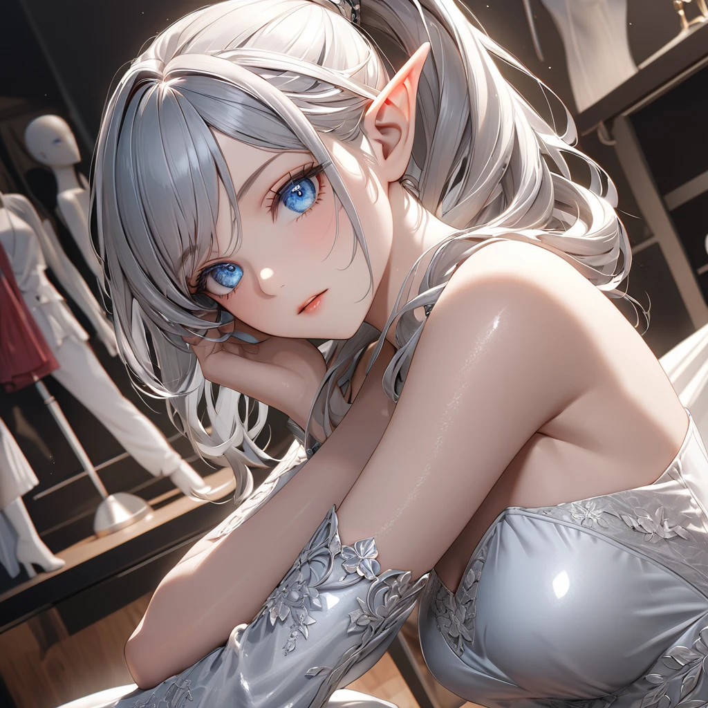Mature woman, elf, elf queen, white colored hair, silver eyes, Crystal Crown, diamonds, (((Silver Fantasy Dress))), semi transparent dress, transparent dress, Sparkling, bokeh, (3d:1.5), UHD, Unreal engine, SFX, volumetric lights