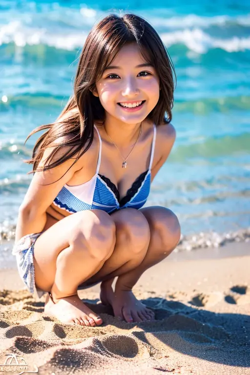 A 20-year-old as cute as an idol、Smiling Kindly、Medium size chest、Cleavage、((squatting on the beach))、(Beautiful beach sand)、Daytime、Full body portrait、((Artistic Expression))、RAW Photos、Genuine、realism、live-action、RAW Photoasterpiece、Highest quality