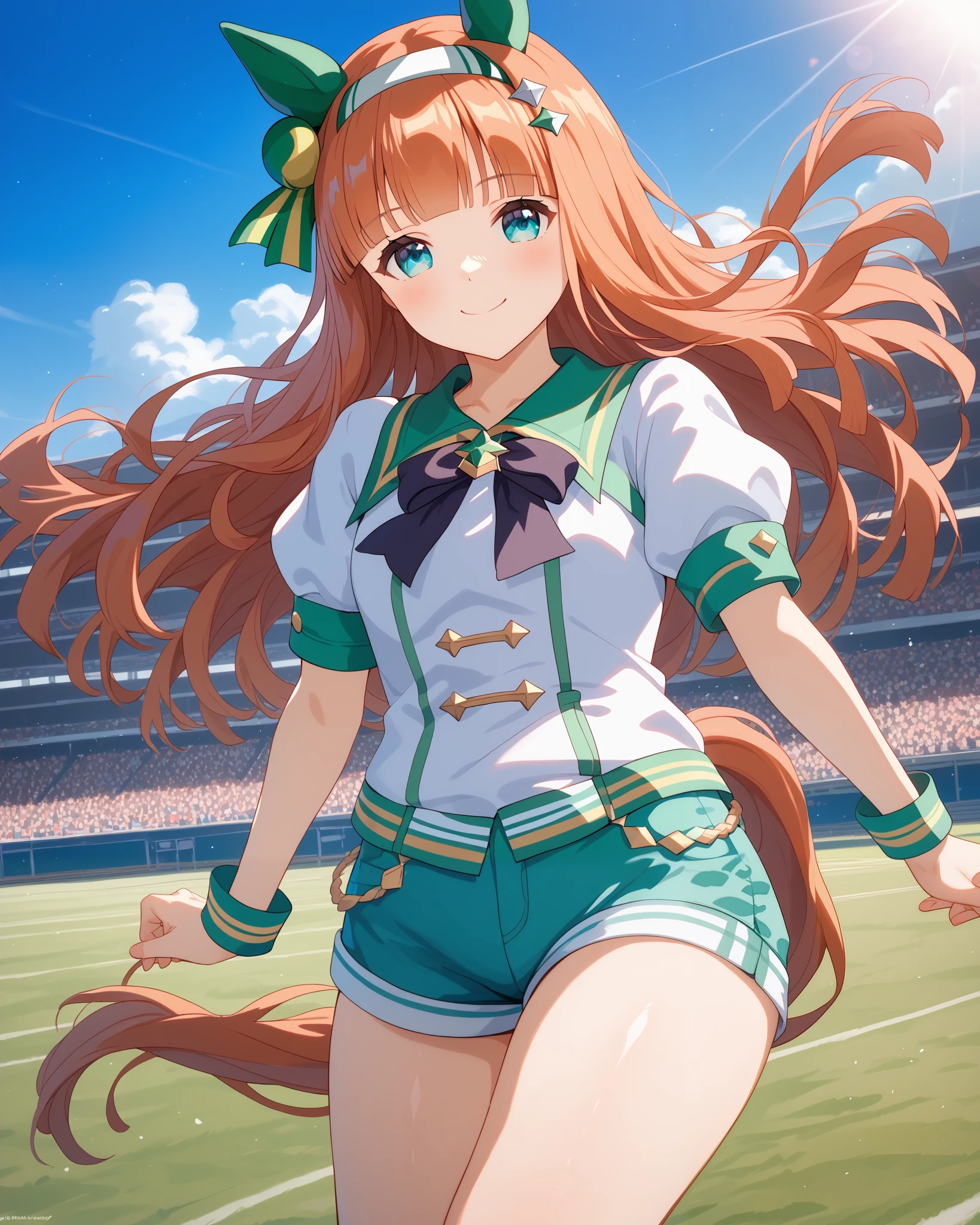 silence suzuka (umamusume),1 girl, Alone, anime style,cute girl,Best Quality, super detailed, anime style,8k, high resolution, detailed face, Character's Upgraded Image,((smiling)),I'm dyeing my cheeks a little red,( white short sleeve shirt),((green mini loungewear shorts)),((Hold down hair fluttering in the wind)),morning,Dazzling Sunlight,On the racecourse lawn,(image viewed from the front),Above the thighs image,(Upgraded image above thighs),(Smooth Thighs)