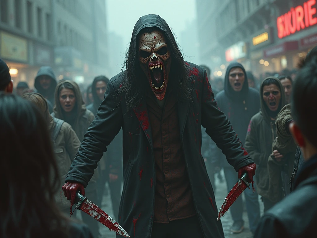 “A creepy creature lurks in the shadow while a scared woman tries to run in the rain. He is covered in blood and has a lunatic look in his eyes as he is about to strike”.