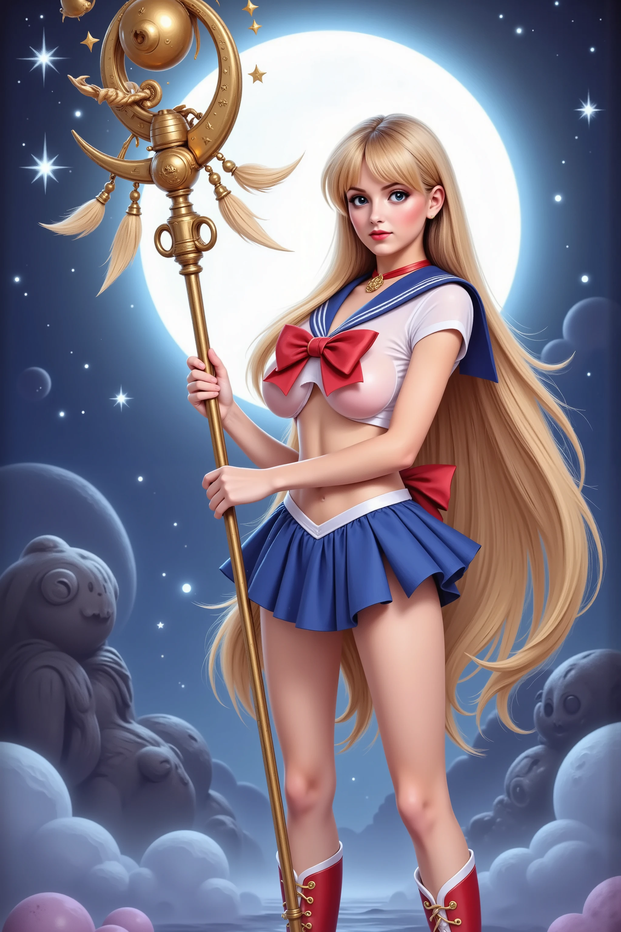 cute woman (swh, role of sailor moon, sexy sailor scout outfit, heroic pose, iconic sailor moon hairstyle, moon scepter), she is striking a heroic pose, moonlit night