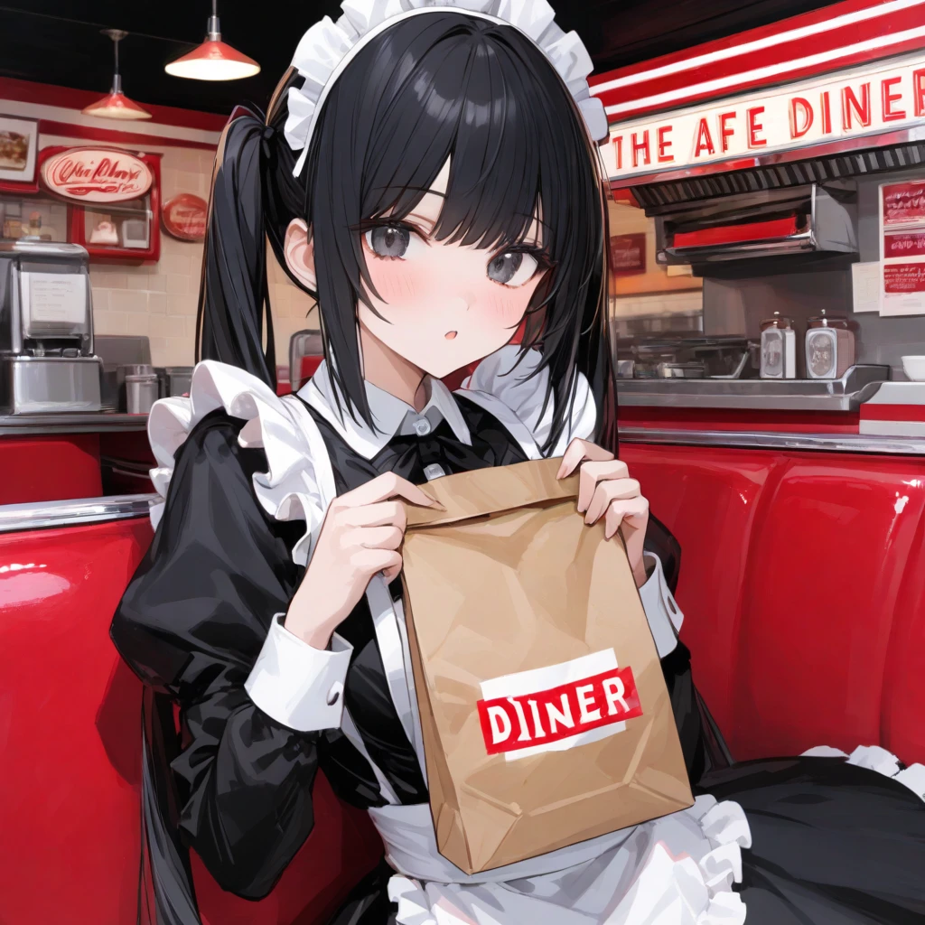 Illustration, 24 year old woman, medium black hair, brown eyes, pretty, tired, bruised eye, bruise on arm, expressionless, waitress outfit, diner, standing, looking at viewer, holding notepad