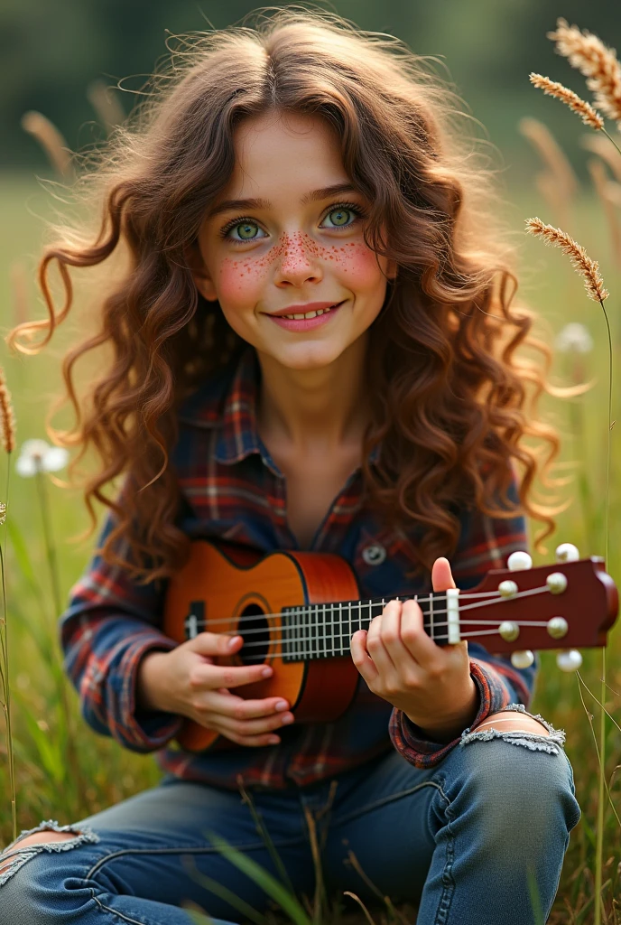 one with long curly hair and half curly hair , more or less light skin playing a black nylon guitar,
teenage oval face