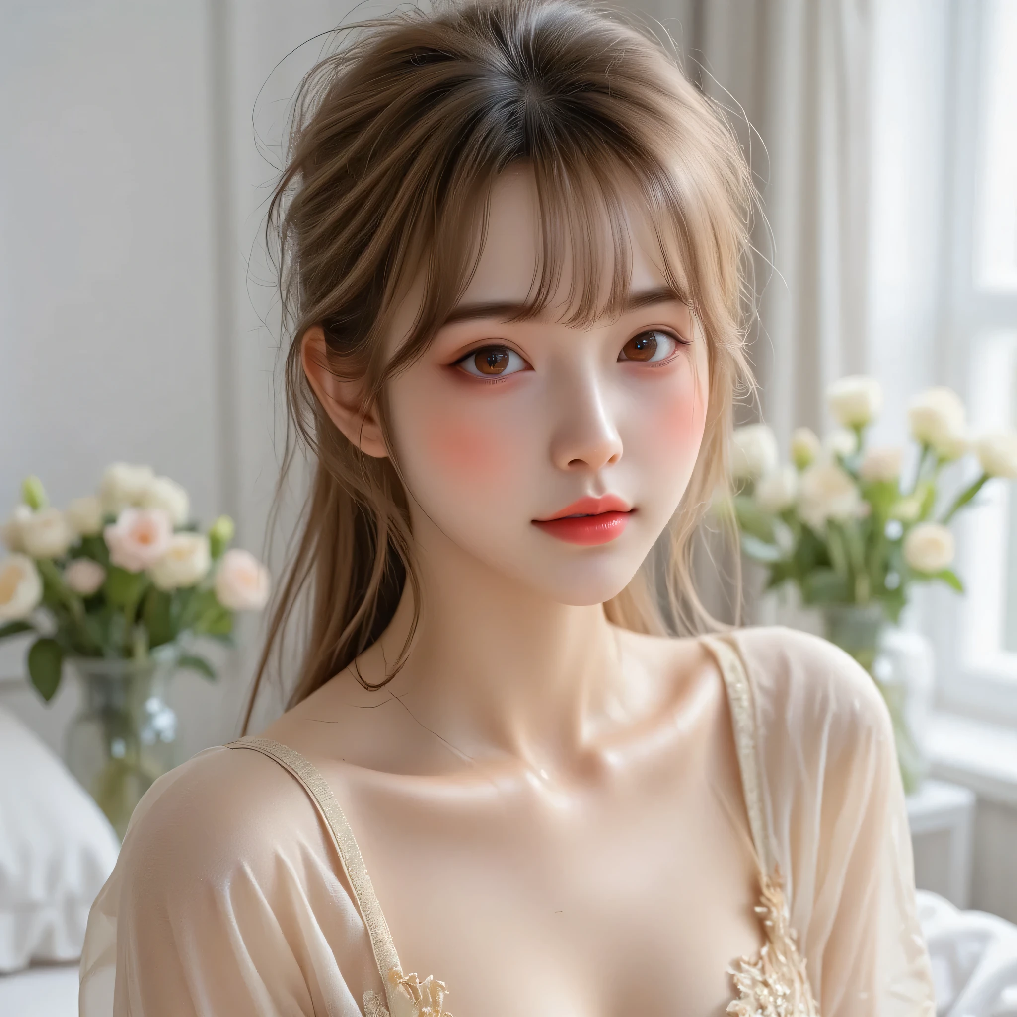 18 years old korean brunette girl with very long hairstyles tail on her head if posing like on refernce in top shirt almost transparent and silk shiney light gold underwear very adorable realistic and sexy, she has beautiful asian face. We can see her lying full body on her bed, panties and bra