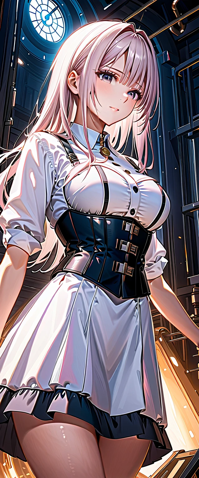 (((masterpiece)))、((highest quality))、(super detailed)、(CG illustration)、(so beautiful ))、cinematic light、(((1 Mechanical Girl)))、 SF、Apocalypse、erotic grotesque、Research Institutes(beautiful and luxurious:1.2)、(1 girl:1.3)、facing the front, (double breasted,under bust:1.2), button gap,(((corset belt))),(((high waist skirt,)))