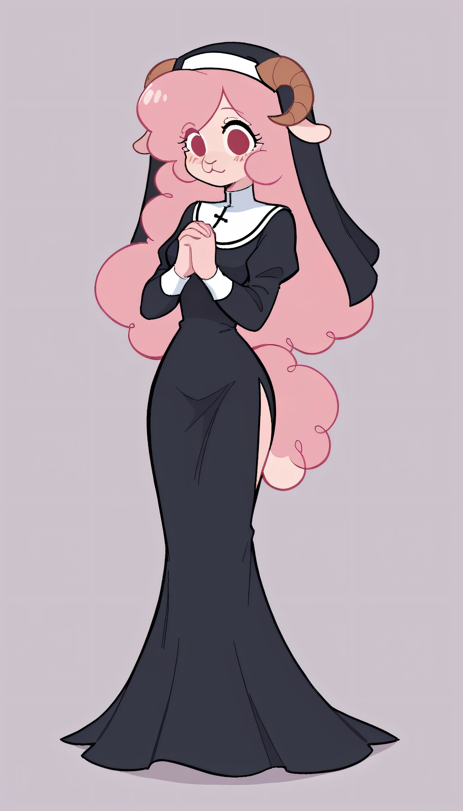 better quality, very detailed illustration , solo, ( Anthropomorphic furry sheep:1,7), ruffled voluminous bouncy hair , playful look, delgado, ideal body, thin waist , wide hips, simple drawing, Artifyber style , pastel flat colors , beautiful, cartoon ,solo, short curly pink hair, nun outfit, thigh slit in dress, fluffy tail, ram horns, praying