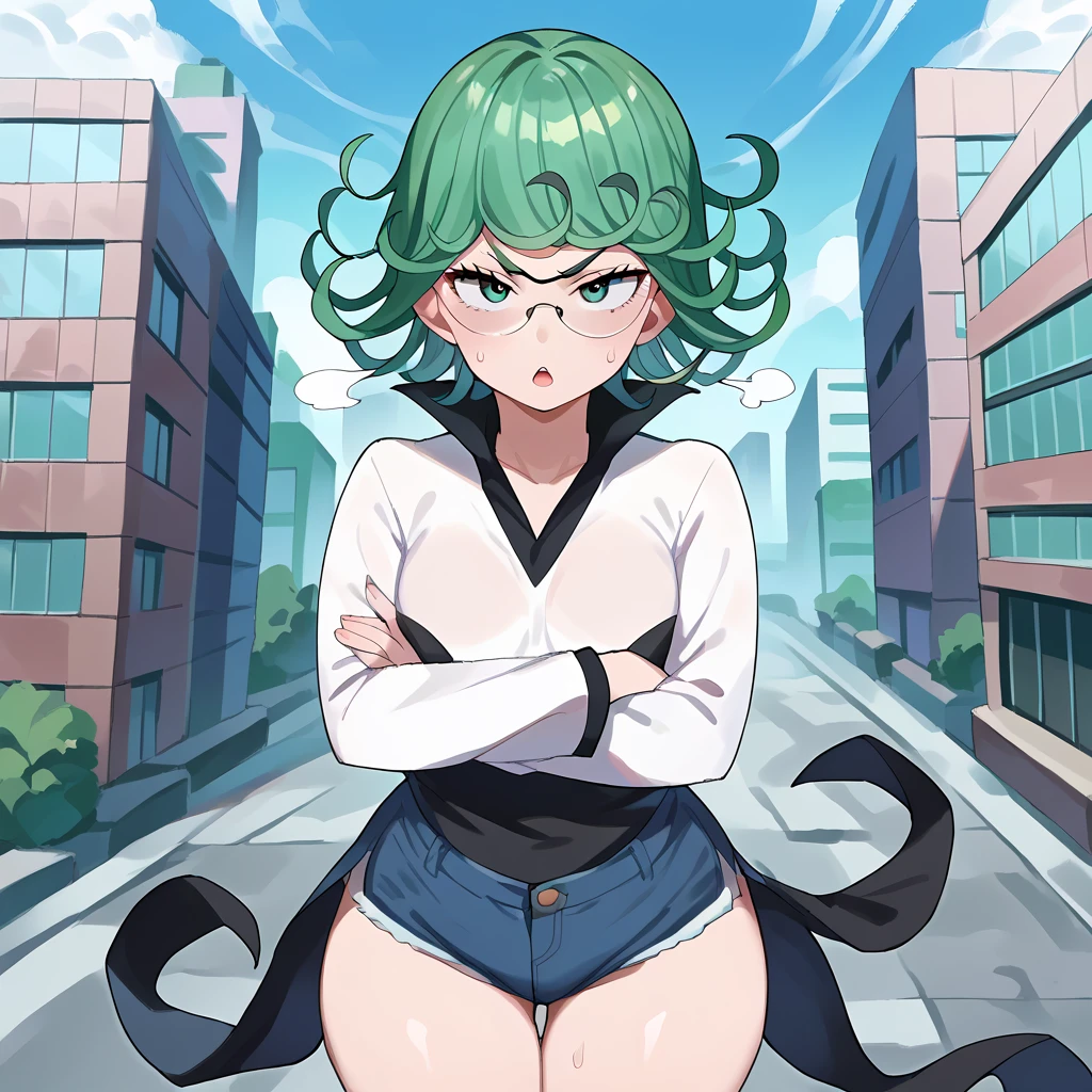 score_8_up, score_7_up, score_6_up, score_5_up, score_4_up, anime screenshot, looking at viewer, upper body, 1girl, tatsumaki, green hair, green eyes, short hair, curly hair, thighs, looking at viewer, white tank top, Micro Denim high- leg Shorts, tuck in, eyewear on head, BREAK standing, looking at viewer, city, erect nipples, Underarm sweat, black underarm hair damp with sweat, natural (black) armpit hair, Unshaven Pubic Hair, crossed arms, pussy juice