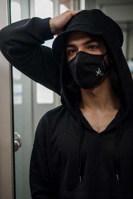 creates a man in anime style with a hood and black hair, White skin, with brown eyes, with a skull mask that covers the nose and mouth and conveys imposingness and respect, Look like the son of death in the 17th century