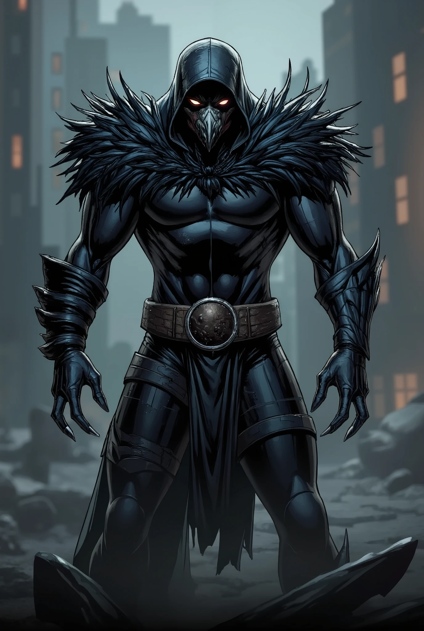 superhero, black outfit, with black feathers on the wrists, sharp crow claws, voluminous black feathers on the shoulders and neck, black hood and torn black cloak, a Crow face,muscular Black body
