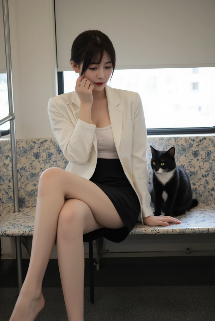 (Realistic, Photorealistic: 1.37), (Masterpiece), (Best Quality: 1.4), (Ultra High Resolution: 1.2), (RAW Photo: 1.2), (Sharp Focus: 1.3), (Facial Focus: 1.2), Elegant, (Full Body: 1.2), Best Quality, Masterpiece, (Realism: 1.2), A Girl, Brown Hair, Brown Eyes, Frontal, Detailed Face, Beautiful Eyes, Pleated Mini-Skirt School Uniform, Sitting at a Bus Stop (1.5), Biting Smile, Lots of Eyelashes, High Heels, very pretty, white Persian cat,