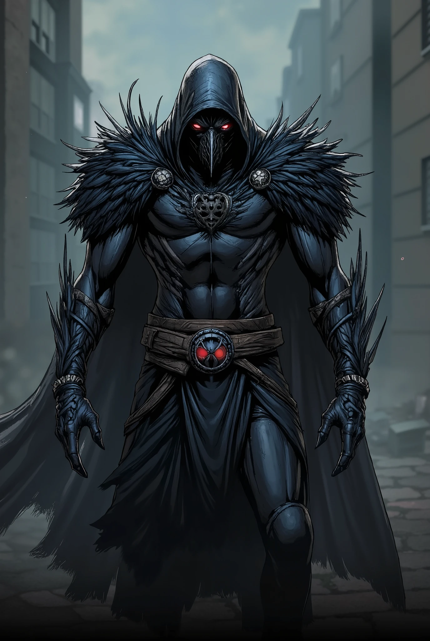 superhero, black outfit, with black feathers on the wrists, sharp crow claws, voluminous black feathers on the shoulders and neck, black hood and torn black cloak, a Crow face,muscular Black body