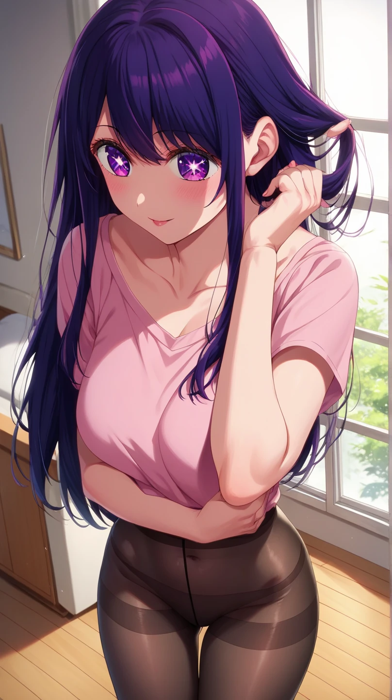 (8k, Ultra-high resolution, The best masterpiece, best quality:1.2), Very detailed, portrait, Half Body, side, focus on eyes, HD RAW photos, career arrest, High quality and beautiful, 超高清 8k 影像照片, confess, Professional photography, (actual, actual相片: 1.37), Very detailed的美麗女孩, Super delicate face shape, Contoured eyes, (Very detailed eyes), Delicate skin, (HD Skin:1.2), Neatly contoured fingers, (20:1.2), Twenty generations, cute girl, young beautiful mother, solo, Ai Hoshino, Hoshino Ai, (Wearing home clothes), Vibrant look, (Living room at home), Dynamic dark purple long hair, shiny purple eyes, (Star-shaped pupil:1.5), one hand raised, Sensual, Exuding motherly love, perfect anatomy, Detailed background, HD Background, Volumetric lighting, actual, stunning details, 8k Ultra HD, high quality, CG unity, C4D Rendering, 3D Rendering, Octane Rendering,