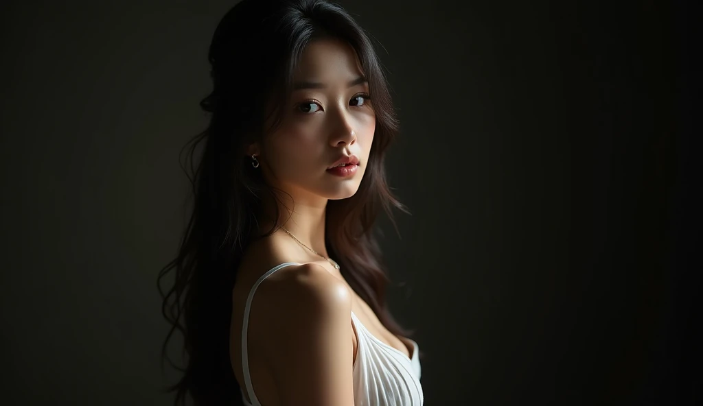 Tabletop, Highest quality, Realistic, Very detailed, finely, High resolution, 8k wallpaper, RAW Photos, Professional, High level of detail, (((Black and white photography))), 1 Girl, (look forward to), Upper Body, Long Hair, Shapely small breasts, Perfect Face, (((Only lips red))), (Looking into the camera), (From below)