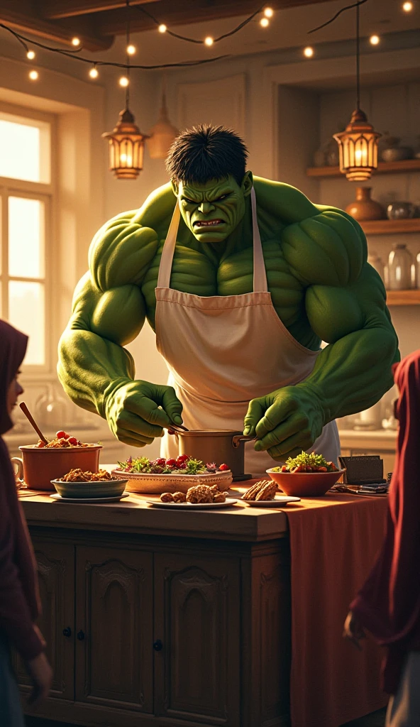 Hulk cooking in a wood kitchen, creative, neon colors, colorful, luminous, realistic, colorful, 8k, 4k, high resolution, viking style, mystical, universe style