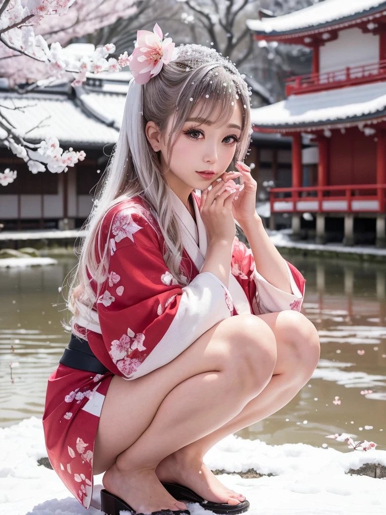 white messy hair, Menina de olhos vermelhos, Casaco premium preto, barefoot (Blood-stained soles of feet:1.8), refer ence sheet, Tachi-E, Wide-Angle, Canon, motion blur, ray tracing, Premiados, Detalhes altos, pele lisa, 4k, anatomicamente correto, ccurate, Retinas,texto da capa da revista,rosto manchado de sangue,Alunas enormes sentadas em uma rua da cidade do tamanho de um brinquedo。GTS gigantesca estampa na cidade。Japanese manga style,Big city in Japanese style。Trabalha no estilo de um mestre,textura suave da pele。