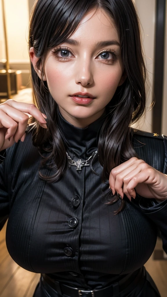 1 Female, clothing: black bodycon,Mid-breasted、 Short tight black dress, (((Brown eyes))), Purple Hair, Medium Hair, Laughter, Cross Necklace, expensive, The body is slim, (Hmph), (((misato katsuragi))), Nerve、Operation and control room, (((Front view))), View your viewers, Perfectly detailed face, Detailed hands and fingers, Masterpiece 1.1, Trending on Art Station, pixiv quality, (((Fine art:jaw))), Exquisitely crafted, Ultra Graphics, sfw version, (((Mature 1.1))), clothing: Jacker, Red jacket, Symmetrical face、