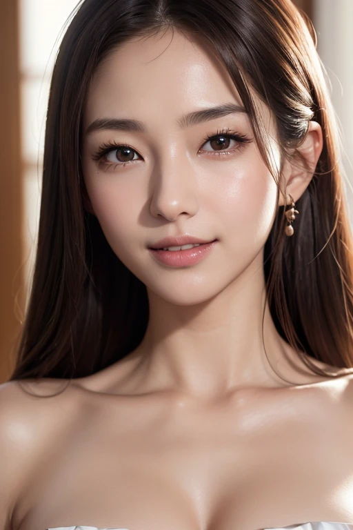 (highest quality、Tabletop、8k、Best image quality、Award-winning works)、One beautiful woman、(Face close-up:1.2)、beautiful woman portrait photo、Glowing Skin、Brown Hair、Standing Elegantly、(The simplest solid brown background:1.1)、Big Breasts、Cleavage、