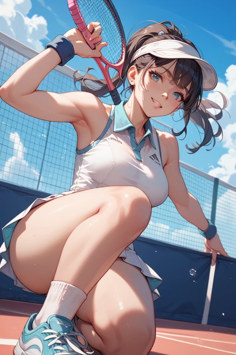 1 girl, alone, white polo shirt, white sneakers, tennis wear, white mini skirt, masterpiece, highest quality, realistic, very detailed, (shiny skin, sweaty:1.4), absurd, looking at the viewer, short black hair, brown eyes, thin, dynamic lighting, High resolution, sharp focus, Depth of the bounds written, fine eyes, sharp pupils, realistic pupils, (small breasts:1.6), (thick thighs:1.0), outdoor, null