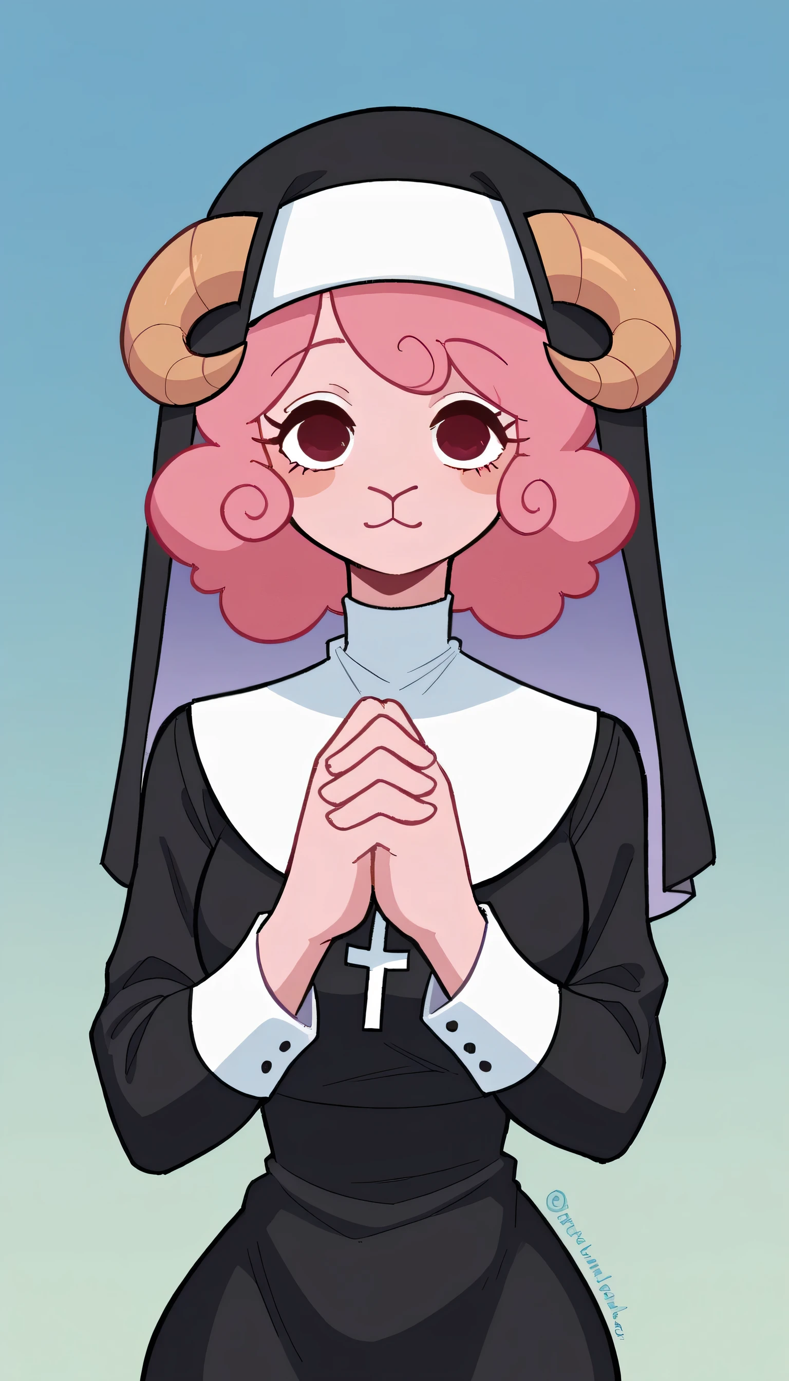 better quality, very detailed illustration , solo, ( Anthropomorphic furry sheep:1,7), ruffled voluminous bouncy hair , playful look, delgado, ideal body, thin waist , wide hips, simple drawing, Artifyber style , pastel flat colors , beautiful, cartoon ,solo, short curly pink hair, nun outfit, fluffy tail, ram horns, praying, close up