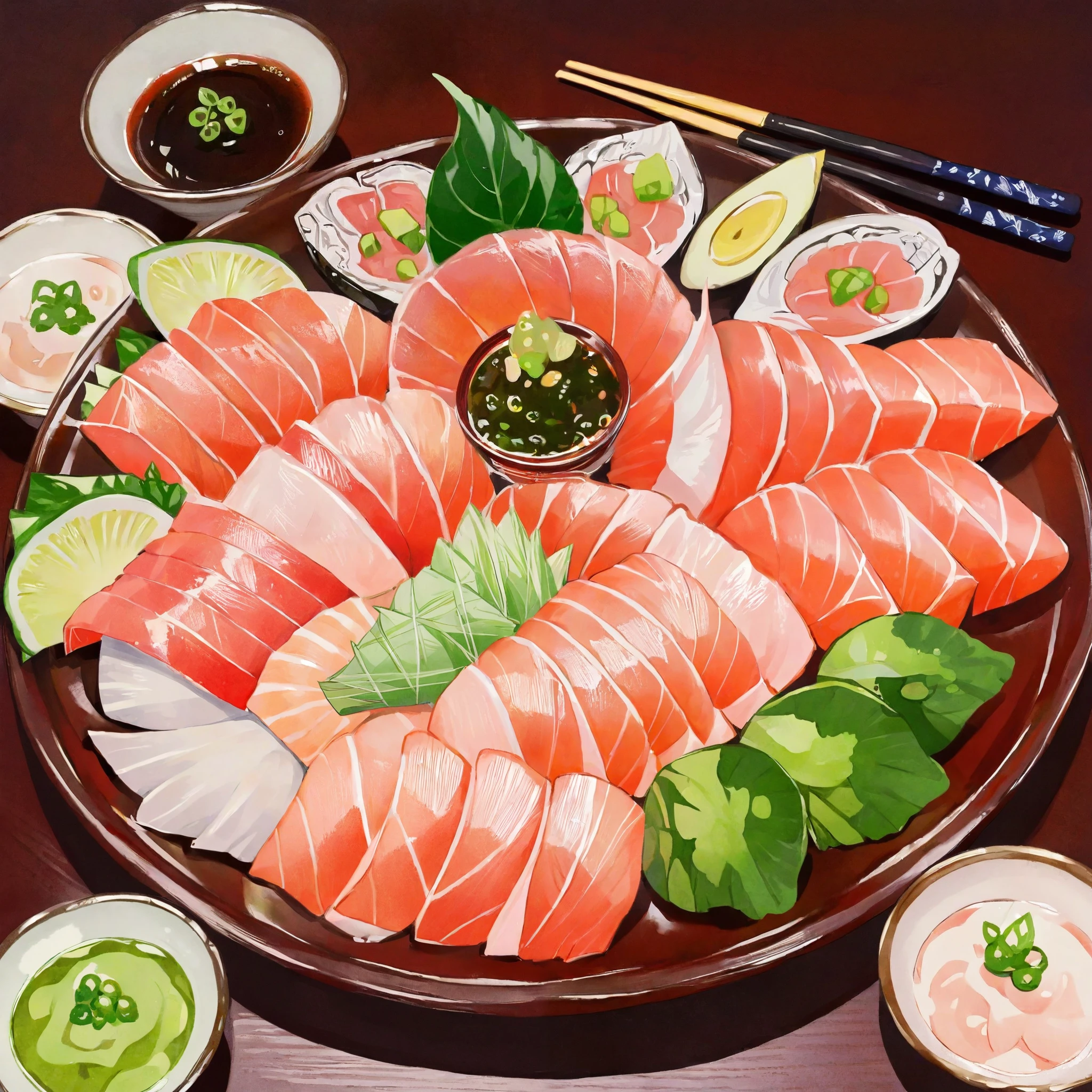 watercolor-like 、 drawn in vivid colors 、 delicious sashimi platter , arranged on red tuna , blended colors and gentle brushstrokes , Red tuna , and creamy white . This arrangement is artistic , traditional , Delicate Japanese food . creates a visually appealing and appetizing scene . accents of bright green wasabi and thinly sliced pickled ginger add contrast{x} watercolor techniques make fish transparent Highlights the feel and delicate texture , soft, features an array of thinly sliced fish , fresh fish in various shades such as salmon pink ,