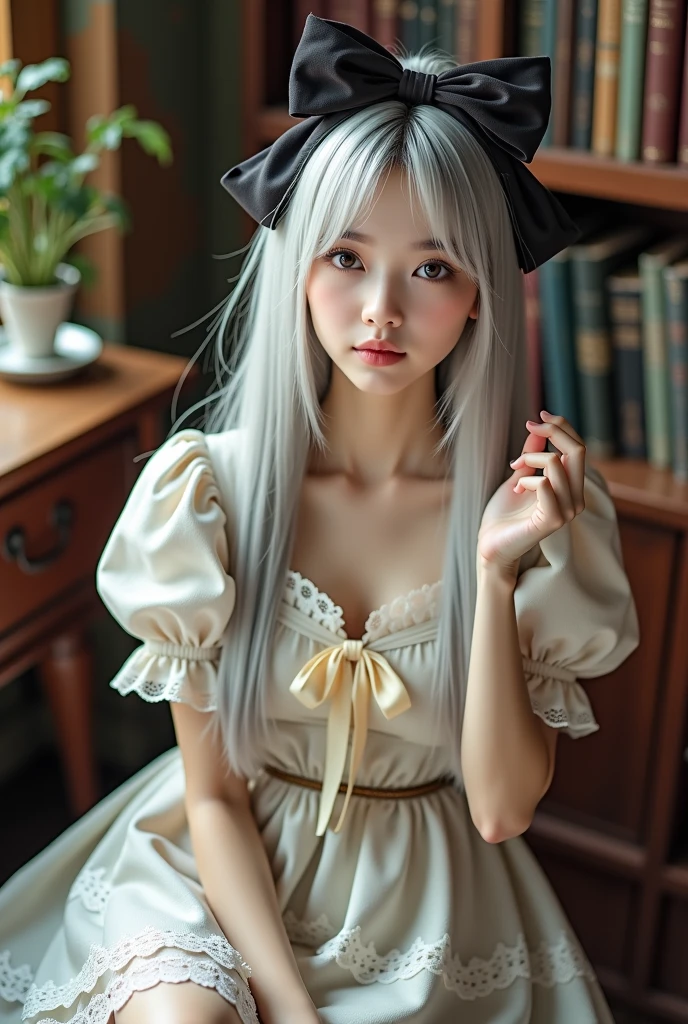 HighestQuali（（1个Giant Breast Girl））（wears glasses），（（White color hair）），（（（（（Fluffy white hair，slender girl））））at class room（（（（Wear a short-sleeved white shirt，Black wrinkled skirt，Wear yours with black suspender stockings），Delicate slim figure，cat ear，Wear a choker，ssmile