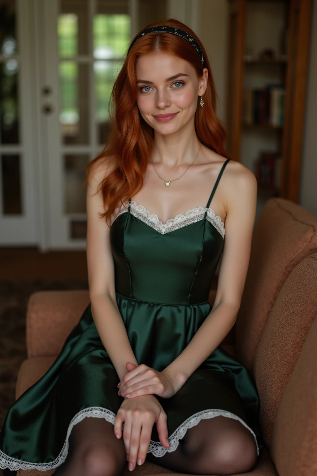 Realistic full body photo of a smiling redhead with long hair, She dances in front of the camera in a long A-line dress with straps made of shiny green satin., Park,glamour fotoshooting, Wedding celebration, perfect anatomy, perfect green eyes. Perfect hands with 5 fingers on each hand, Matching girl, look into the camera, 1 Frau. (Eye make up:1.1), (highly detailed skin:1.1), spirit, analog style, keen focus, 8K UHD, dslr, good quality, Fujifilm XT3, Grain, Award-winning, masterpiece. Wedding celebration. She sits on a bench and shows her beautiful long dress. Beautiful shoes
