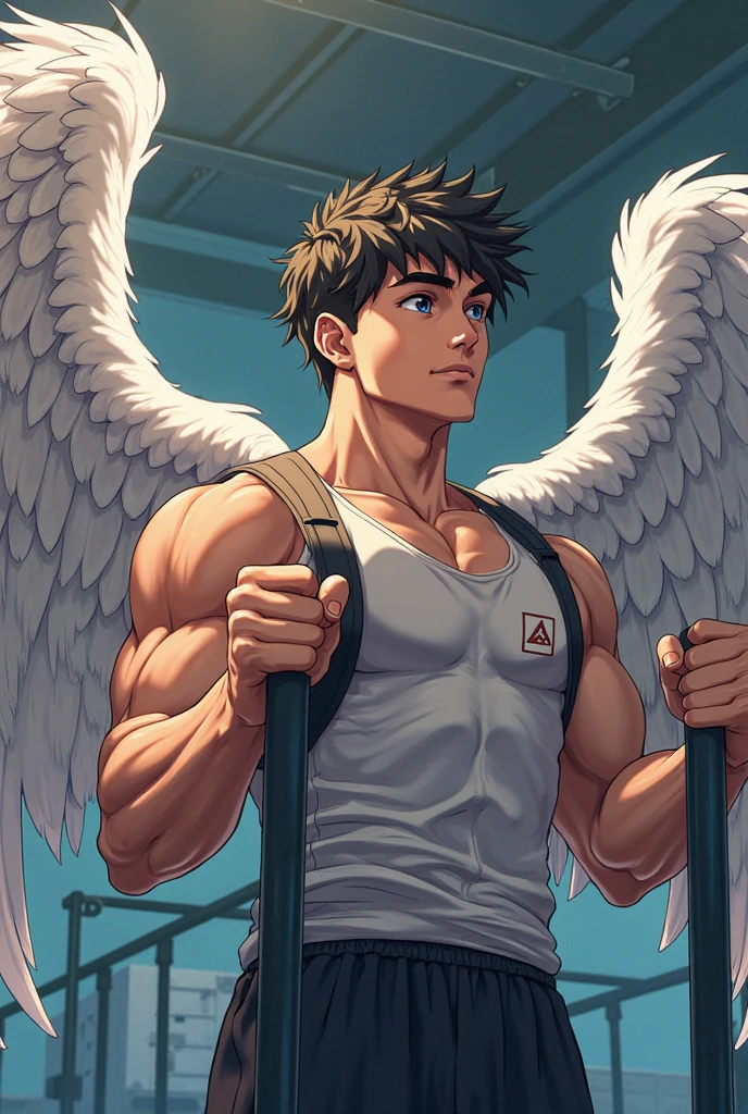 a close up of a cartoon of a man with wings, muscular!!, beefcake pose, muscular!!!, fluffy chest, muscular!, super buff and cool, anime handsome man, top rated on pixiv, muscular! fantasy, big muscle, muscular male hero, large muscles, muscular character, buff man, muscular! white, oppai, gigachad muscular