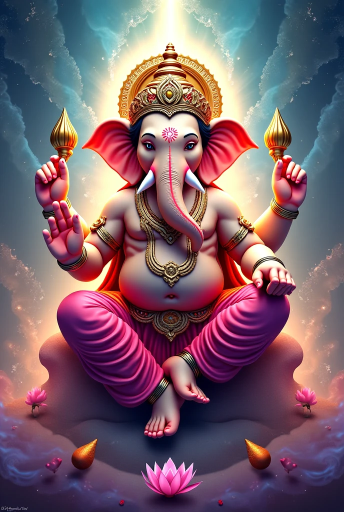 A detailed and ornate statue of the Hindu deity Ganesha, sitting in a meditative pose amidst swirling pink and blue smoke, with an Om symbol above his head.  The statue is intricately decorated with jewels and flowers, and the smoke creates a mystical and ethereal atmosphere. [3D realistic animation dynamic image ], [Reference style of  "The Art of the Hindu Gods" by  Devdutt Pattanaik], [Camera: 50mm lens, shallow depth of field, soft lighting, vibrant colors, smoke effects, textured background, high resolution rendering]