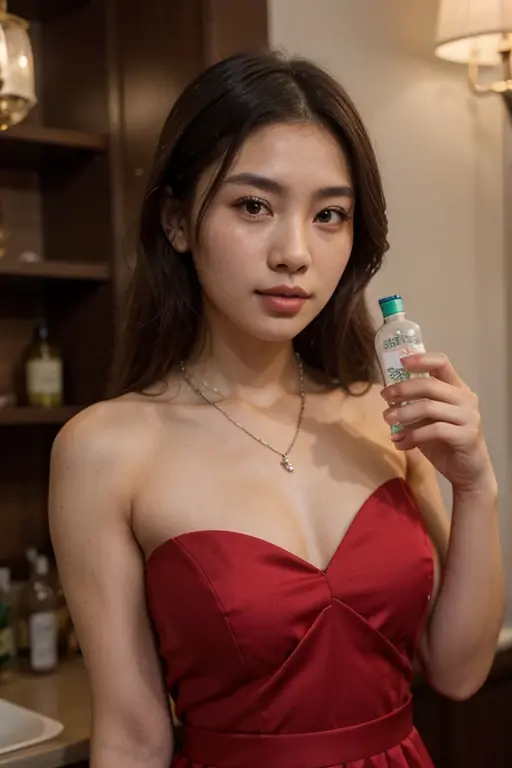 Half body portrait, 8k , plae skin asian ( korea+ Burmese)mixed girl , wearing red dress and diamond necklace and holding innisfree serum bottle ,in her hand ,