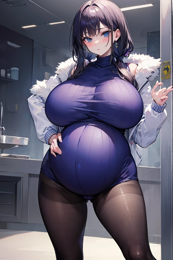 nmasterpiece, high definiton, highly quality, Detailed face, detailed body render, 1girl, 独奏, Hinata Hyuuga, Hinata sleeveless clothing,Large Big breast,, Sleeveless shirt, Fishing net clothing, Dark lips, Unzipped jacket, No bras, breasts out,, to stand, get blush, (In the bedroom),pregnant women with,Showing the belly