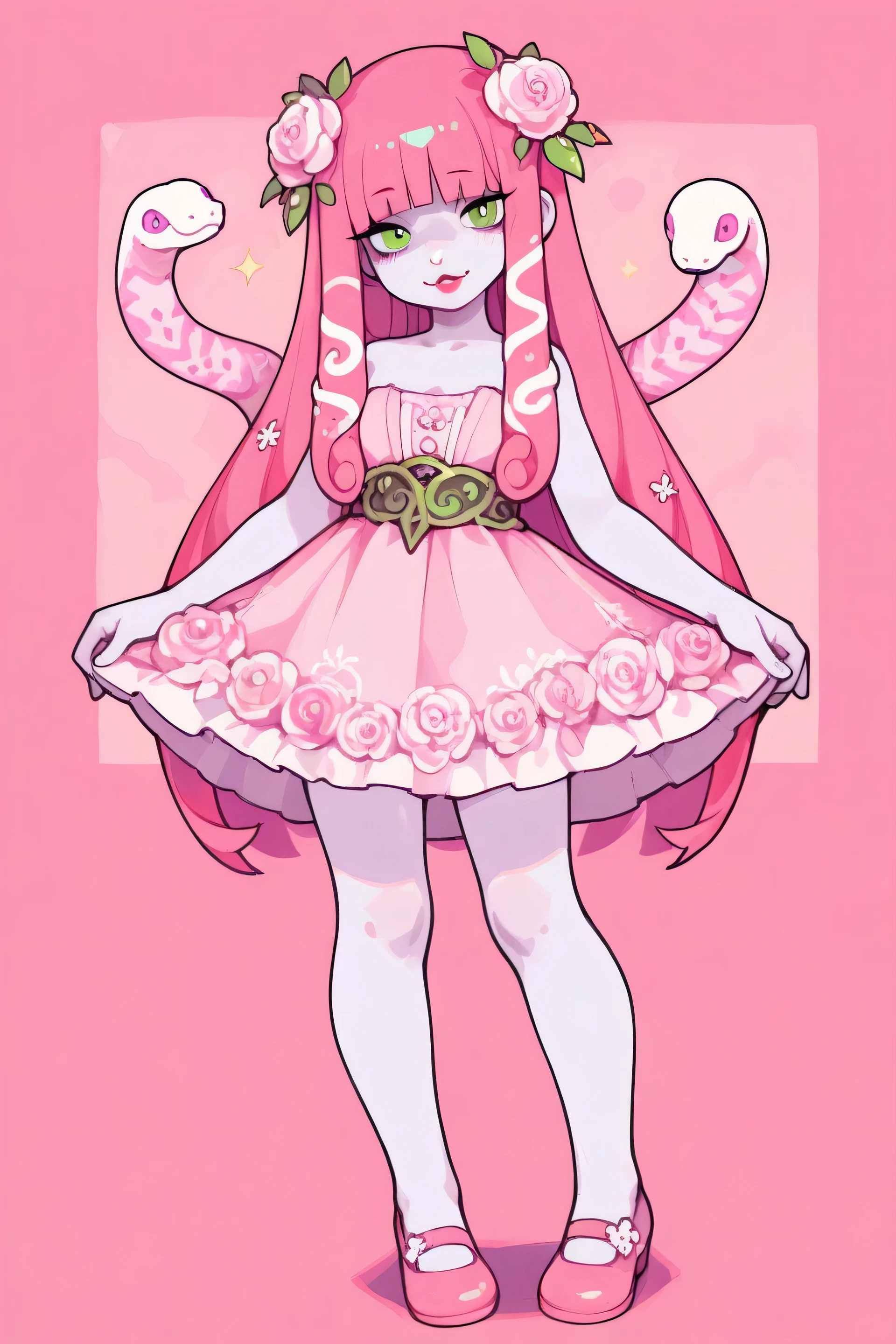 A mystical female figure, standing full-length, with magical facial features. She has pale skin, luminous pink eyes and expressive red lips. Her hair is a complex locks of soft pink color, decorated with flowers, leaves and decorative elements. Snakes with green eyes wriggle in her hair, which gives the image a mythological or fantastical touch. She is wearing an elegant dress of pink and white colors,