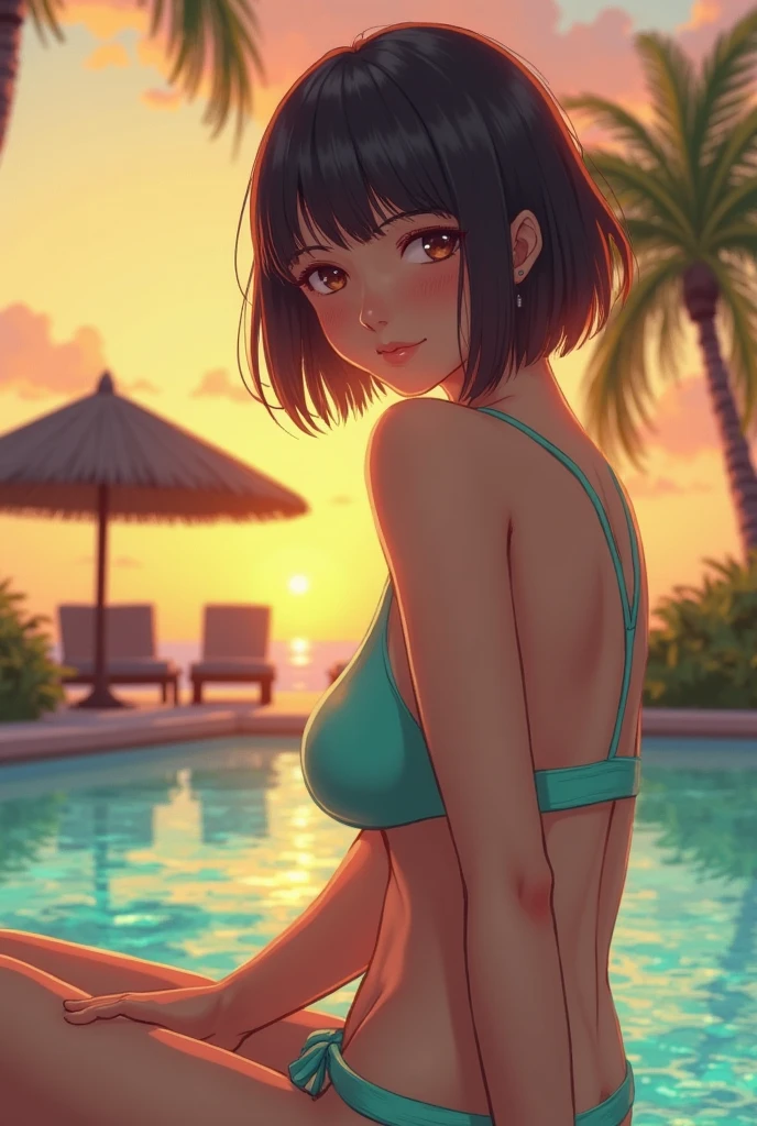 Colorful flowers々In the blooming garden、A beautiful girl with a bob cut is wearing a floral patterned bikini、sitting on the edge of a fountain in the center of a garden。She enjoys the scent of flowers、Smiling softly。In the background is blue sky and lush trees々Spread、There is a calm atmosphere in the afternoon.。