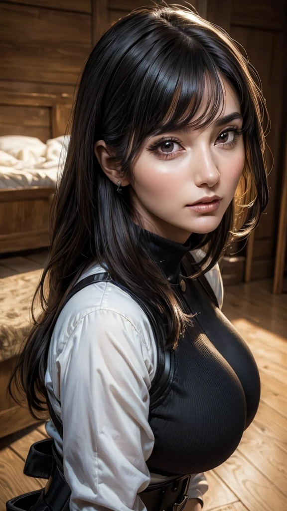 1girl( beautiful face by atey ghailan, by greg rutkowski, by greg tocchini, by james gilleard, by joe fenton, by kaethe butcher, 2k ((brunette hair:1.5)), ((long curly hair:1.3)), ((black eyes:1.3)), seductive, shy, teacher uniform, cute, masterpiece, amazing, extremely delicate and beautiful, detailed art style, detailed eyes, highly detailed background, depth of field, soft lighting, dramatic lighting, intricate, posing, vhd, realistic drawing, realistic eyes, 8k, realistic light, focus, post-processing, high resolution