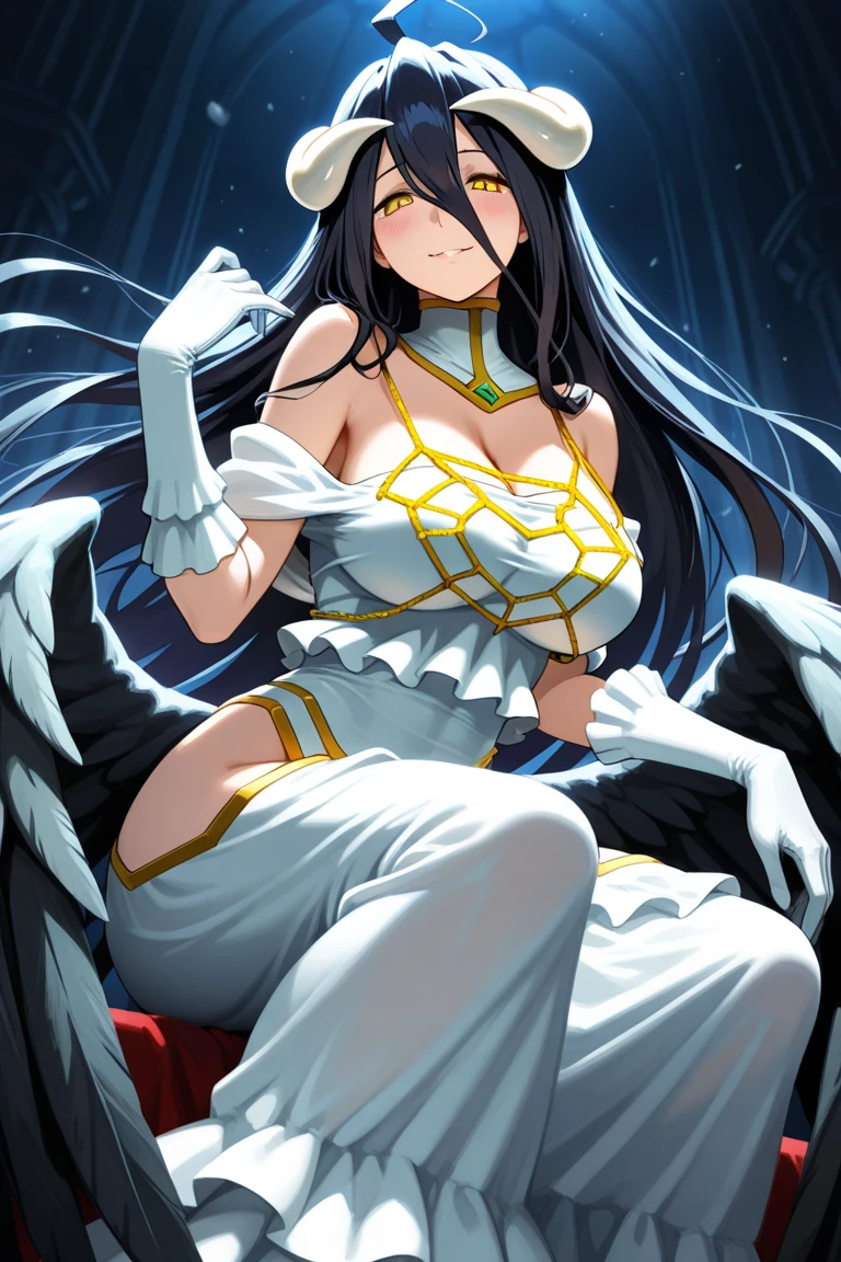 masterpiece, best quality, highres, al1, demon horns, slit pupils, white gloves, white dress, bare shoulders, detached collar, cleavage, black wings, feathered wings, low wings, cowboy shot, standing, smile, dungeon, evil smile,(nsfw:1.5)