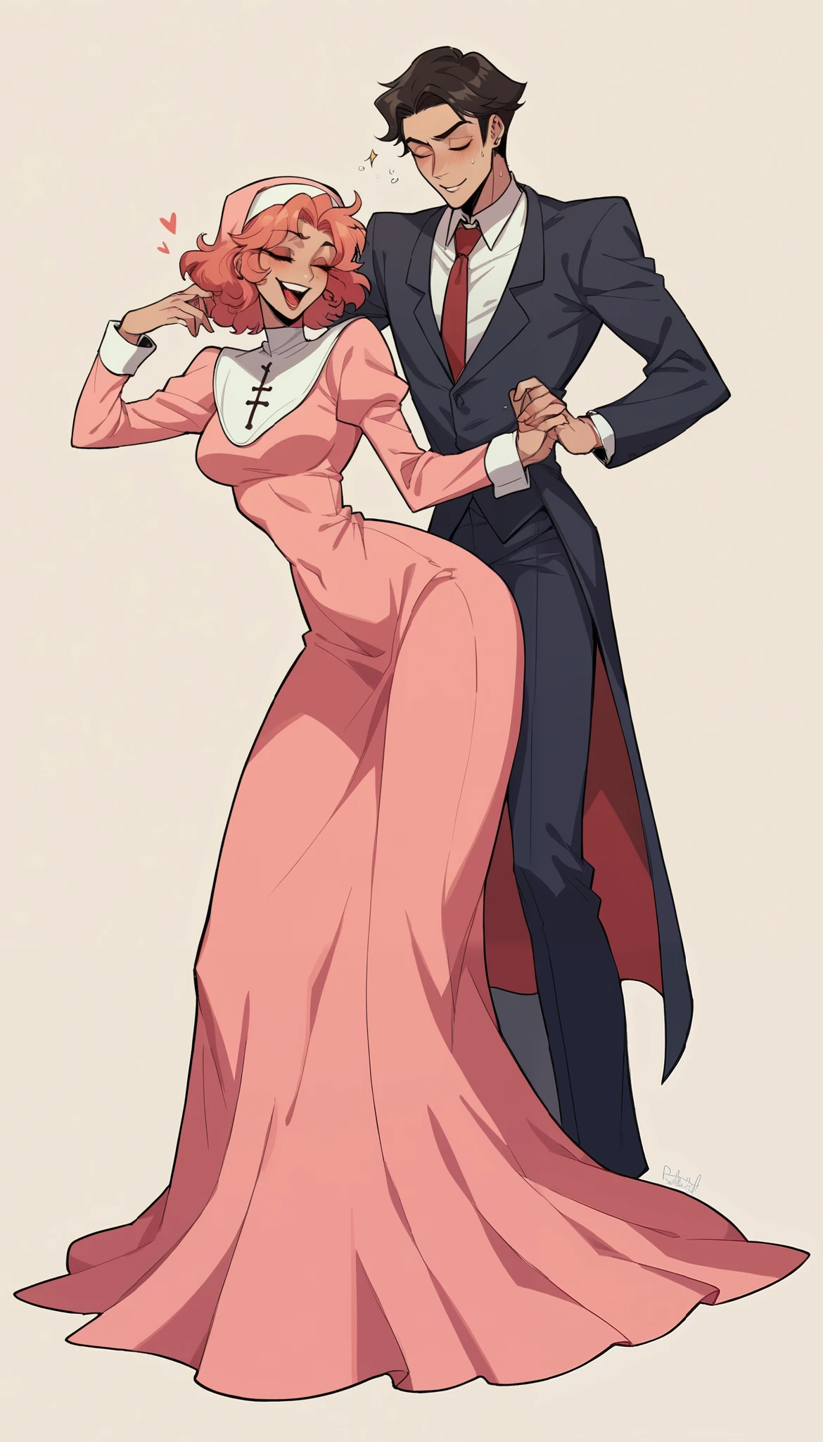 better quality, very detailed illustration ,two people, boy and girl, couple, long ruffled voluminous bouncy hair , playful look, delgado, ideal body, thin waist , wide hips, simple drawing, Artifyber style , pastel flat colors , nun dress, slit in dress, suit and tie, fancy, tall thin human man, boy fluffy hair, dancing, full body