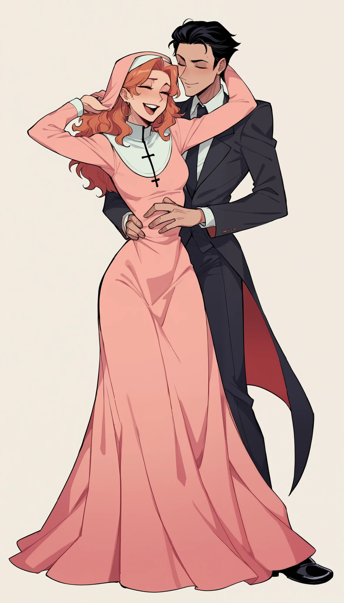 better quality, very detailed illustration ,two people, boy and girl, couple, long ruffled voluminous bouncy hair , playful look, delgado, ideal body, thin waist , wide hips, simple drawing, Artifyber style , pastel flat colors , nun dress, slit in dress, suit and tie, fancy, tall thin human man, boy fluffy hair, dancing, full body