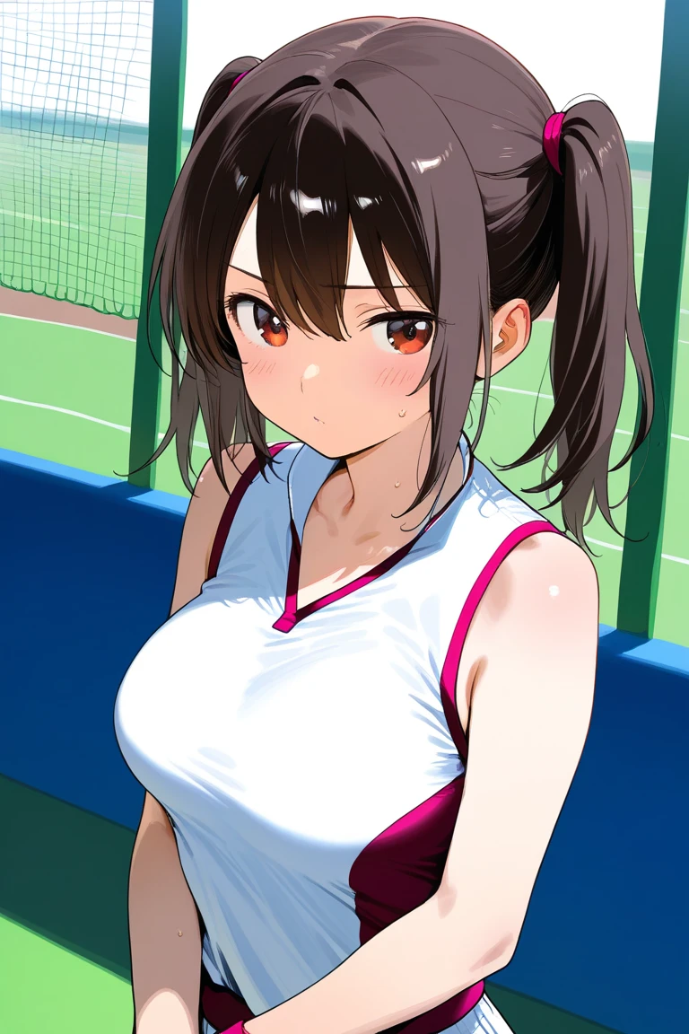((Tabletop, Highest quality, High resolution, Hmph, Pixel perfect, 4K, Hmph, Hmph))), One Girl, single, alone, Beauty、The whole body is visible、 ((Mid-wave hair, bangs, Brown Hair)), ((Brown eyes, Beautiful eyelashes, Realistic eyes)), ((Detailed face, Blushing:1.2)), ((Smooth texture:0.75, Realistic texture:0.65, Realistic:1.1, Anime CG Style)), Medium chest, Dynamic Angle, Perfect body, White tennis wear, Short sleeve collared shirt、Pleated skirt,Look at the chest、(No good、See-through nipples)、、, Tennis court、Daytime、Stick your butt out、Sexy pose、Very embarrassing panic smile、、