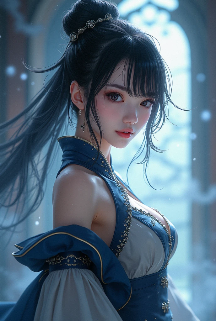((best qualtiy)), ((tmasterpiece)), (the detail:1.4), 3D, A beautiful cyberpunk female image,HDR（HighDynamicRange）,Ray traching,NVIDIA RTX,Super-Resolution,Unreal 5,Subsurface scattering、PBR Texture、post-proces、Anisotropy Filtering、depth of fields、maximum definition and sharpness、Many-Layer Textures、Albedo e mapas Speculares、Surface Coloring、Accurate simulation of light-material interactions、perfectly proportions、Octane Render、Two-colored light、largeaperture、Low ISO、White balance、the rule of thirds、8K RAW、gigantic cleavage breasts，Raised ，Get wet all over your body