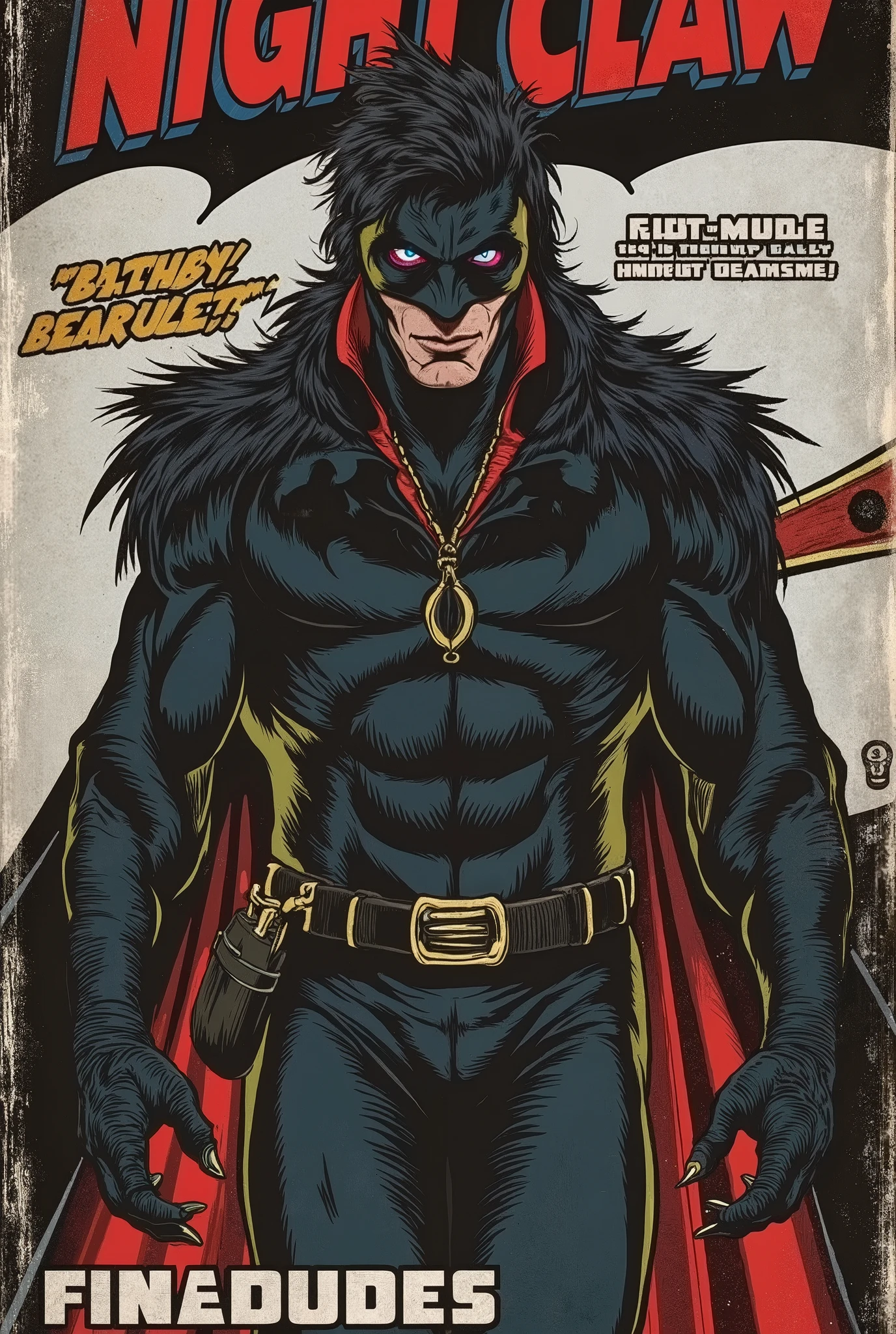 A comic book of the super hero name Nigth Claw,superhero, black outfit, with black feathers on the wrists, sharp crow claws, voluminous black feathers on the shoulders and neck, black hood and torn black cloak, a Crow face,muscular Black body,