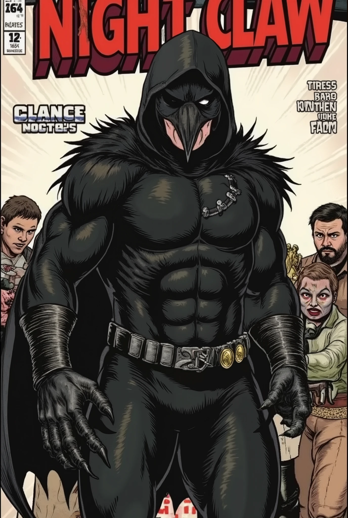 A comic book of the super hero name Nigth Claw,superhero, black outfit, with black feathers on the wrists, sharp crow claws, voluminous black feathers on the shoulders and neck, black hood and torn black cloak, a Crow face,muscular Black body,