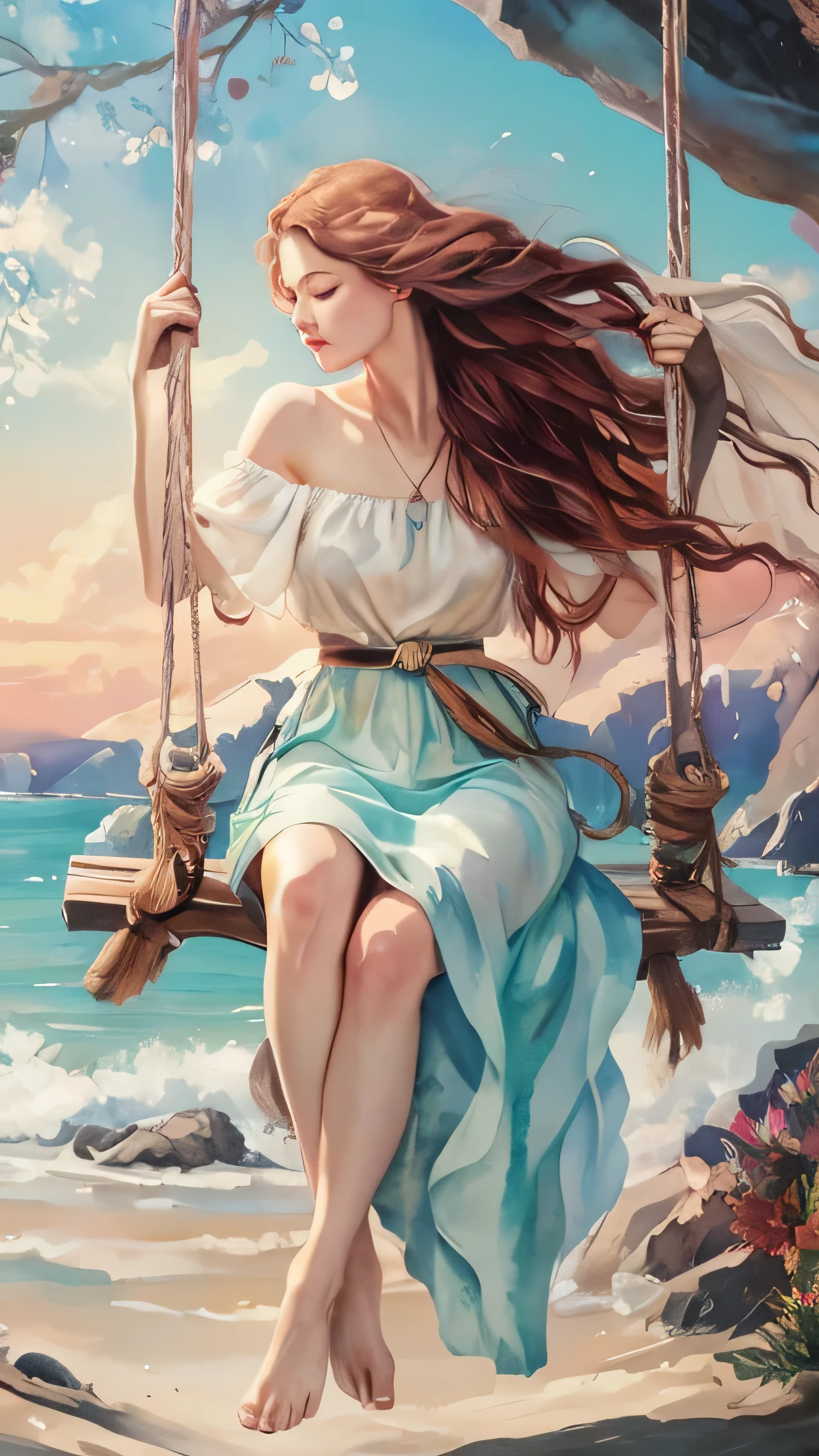 Envision a mesmerizing scene where a woman is suspended by her belly, delicately tied with ornate ropes, in a dreamlike realm of floating islands and colorful skies. The environment is filled with fluffy clouds, waterfalls cascading from the floating islands, and a vibrant, surreal atmosphere. The woman's expression exudes a sense of peace and serenity as she hangs weightlessly in the air. The atmosphere is filled with a sense of wonder and tranquility. This scene will be depicted in an anime-style illustration, with soft lines, pastel colors, and a whimsical touch. The artwork will capture the ethereal beauty and tranquility of the dreamlike realm, creating a sense of harmony and escape from the ordinary world.