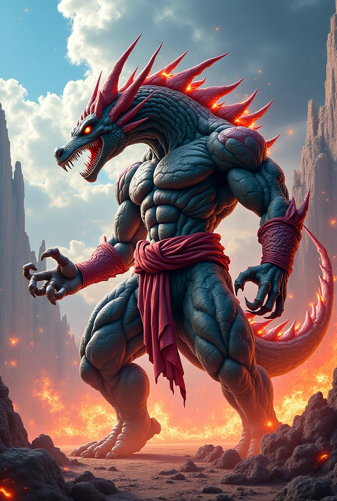 (full body), thedarkurge, dragonborn \(dnd\), white body, red eyes, male, muscular, loincloth, dark, tail, by lindong, by null-ghost, macro in city, destroying a modern city