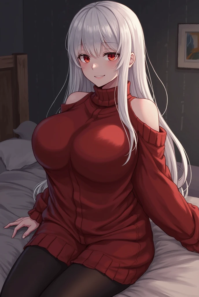 masterpiece, best quality, highres, bbyorf, long hair, white hairband, red eyes, gold earrings, large breasts, jewelry, off shoulder, red sweater, sweater dress, long sleeves, black pantyhose, cowboy shot, standing, outdoors