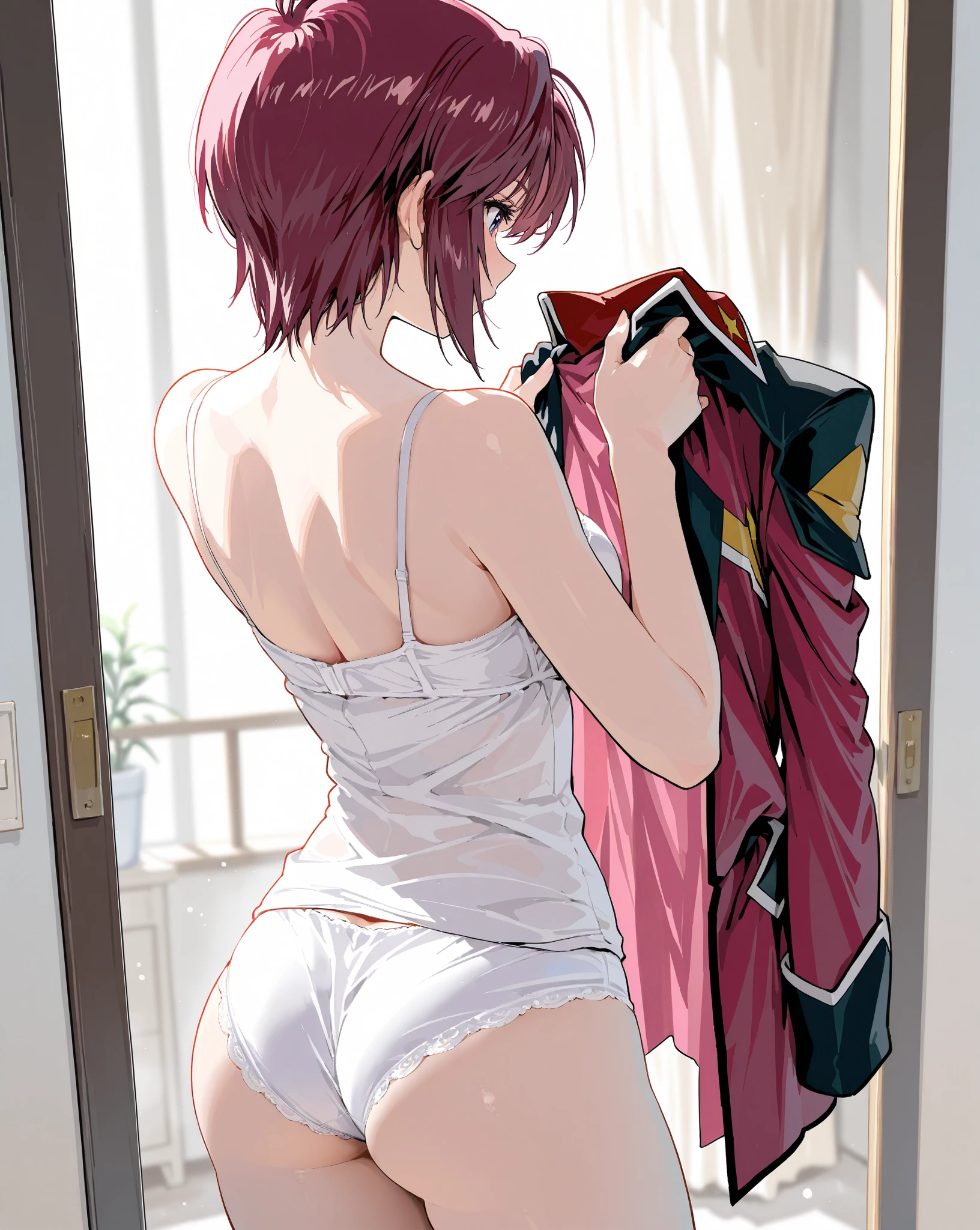 8k,Highest,quality,(highest quality:1.1), (masterpiece:1.4), (Confused:1.0),
1 person, Deviluke Type, hair ornaments, Bobcut, Short Hair Pink Hair, Purple eyes, Narrow waist,Mid-chest, ((White panties)),Underwear only,((bed)),((In her room)), (blush:1.2), smile,(Perfect Fingers),((Ass Focus)),