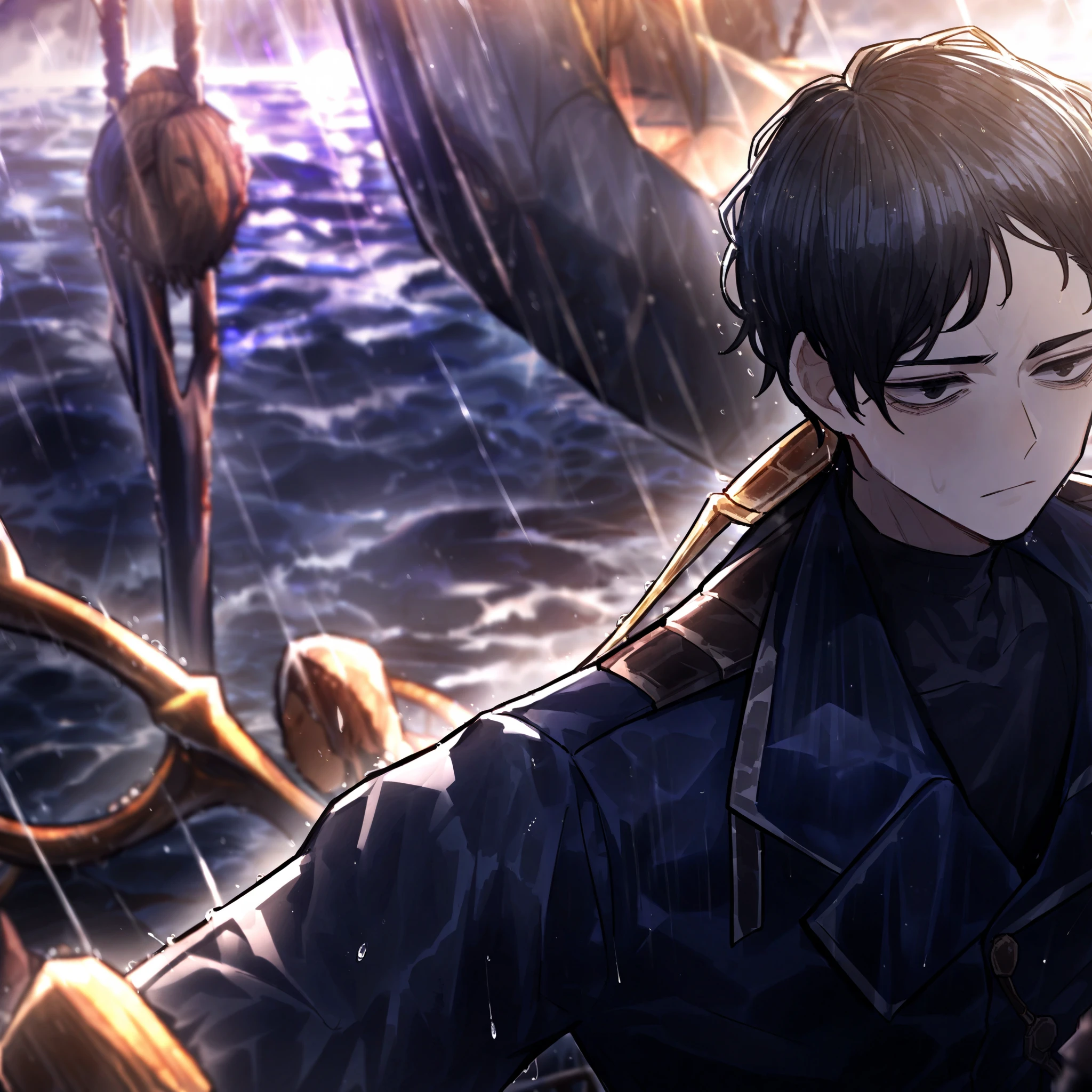 1man, boy, male, black hair, short hair, unkempt hair, pirate captain attire, close up, solo, dark blue outfit, high resolution, raining, Masterpiece, detailed, ((projectmoon)), skinny, black eyes, on ship, trident with 3 prongs on back